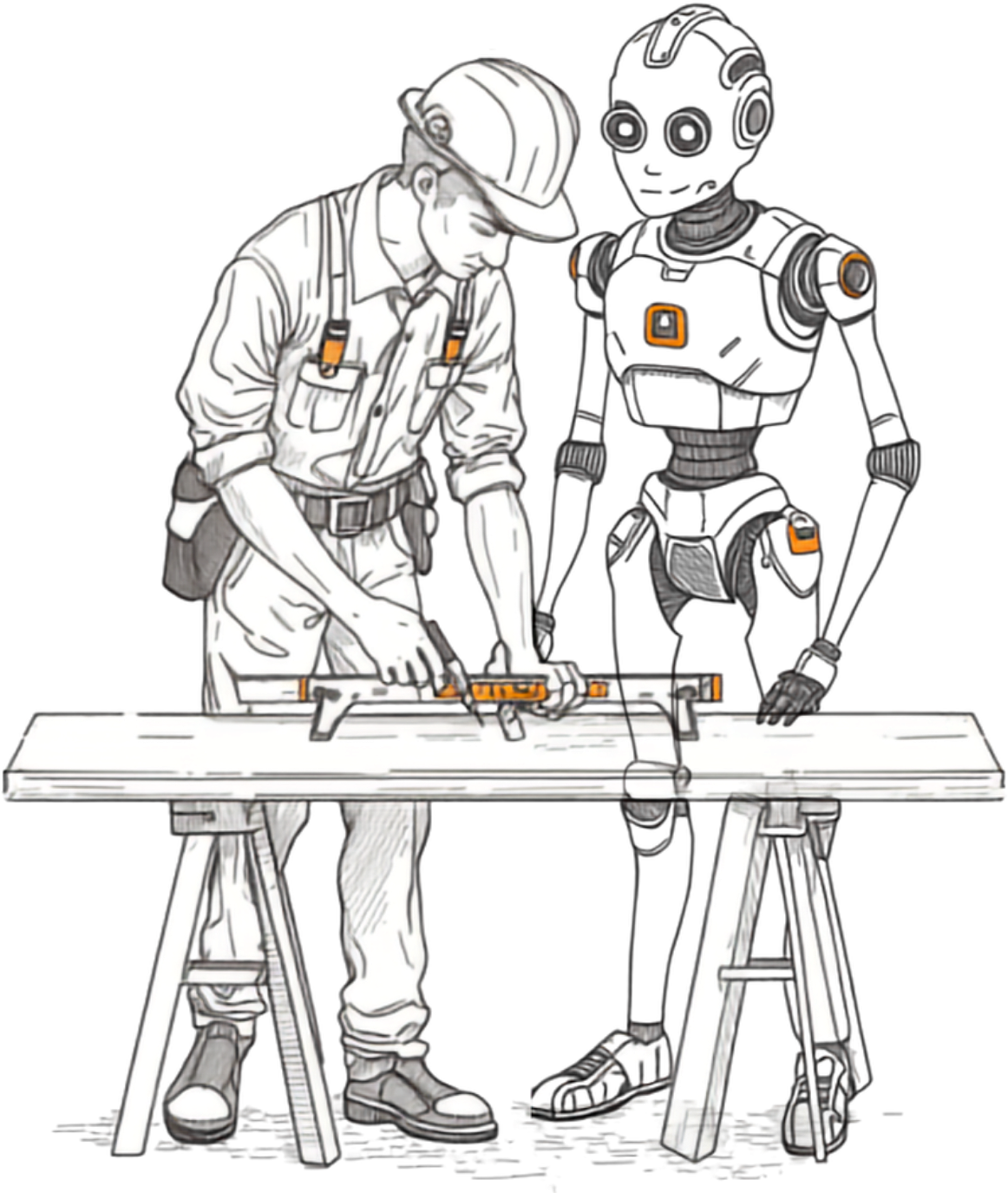 A construction worker and a friendly robot collaborating on a project together, glimpsed as if through drifting fog